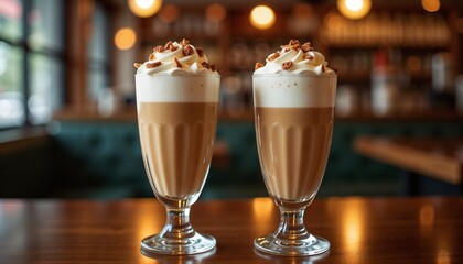 Delicious coffee drinks with whipped cream and nuts served in tall glasses on a wooden table in a cozy caf&eacute; setting and copy space