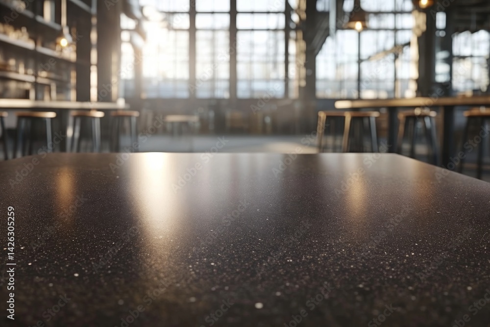 Poster polished stone countertop showcases subtle veining, set against industrial elements and bathed in so