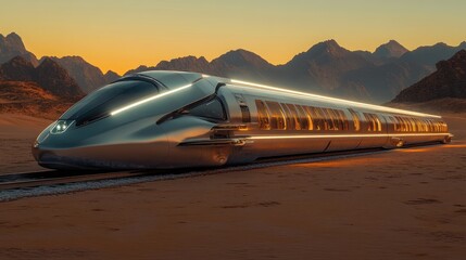 Futuristic silver high-speed train traveling through a desert landscape at sunset.