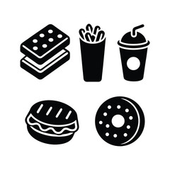 Black and white minimalist bakery food vector icons, including cupcakes, cookies, and donuts, perfect for bakery branding, cafe logos, food blogs, posters, and restaurant designs.