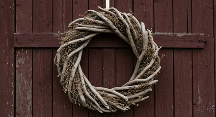 Hanging Wreath on Wooden Door for Seasonal Decoration