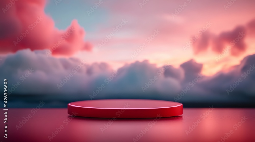 Leinwandbilder close-up of a red 3d podium featuring clean lines, illuminated by dreamy lighting with a soft pastel