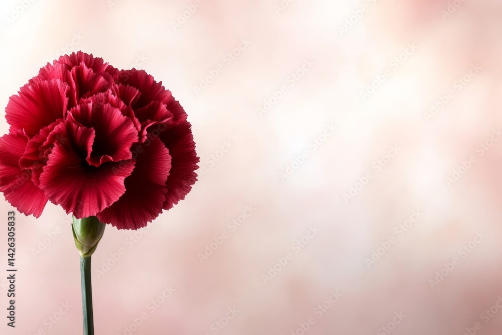 Poster A vibrant red carnation stands out with its lush petals in a soft bokeh background. The composition offers ample space for text, emphasizing elegance