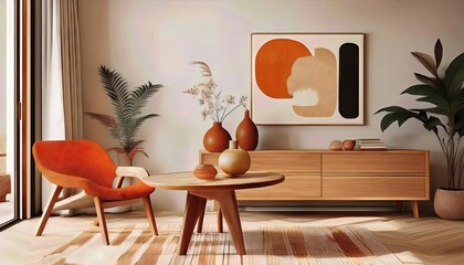 Scandinavian Modern Apartment Living Room Minimalist Design with Wooden Commode and Chaise Lounge in Cozy Warm Tones and Textures, Exuding an Inviting Atmosphere.