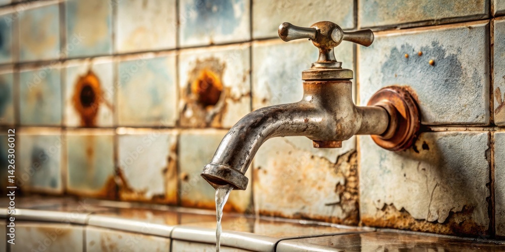 Poster a weathered metallic faucet with running water against a backdrop of aged tile