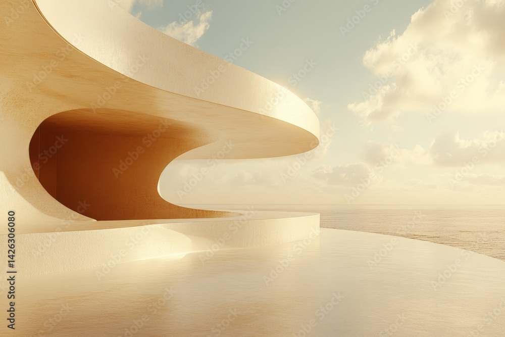 Poster Modern architectural design blends with coastal landscape at golden hour creating a serene atmosphere by the ocean