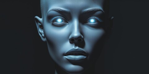 extraterrestrial humanoid face in dramatic shadow and light on dark background