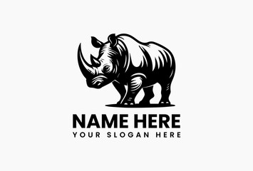 Strong black rhino silhouette with prominent horn, conservation-focused logo template for wildlife organizations