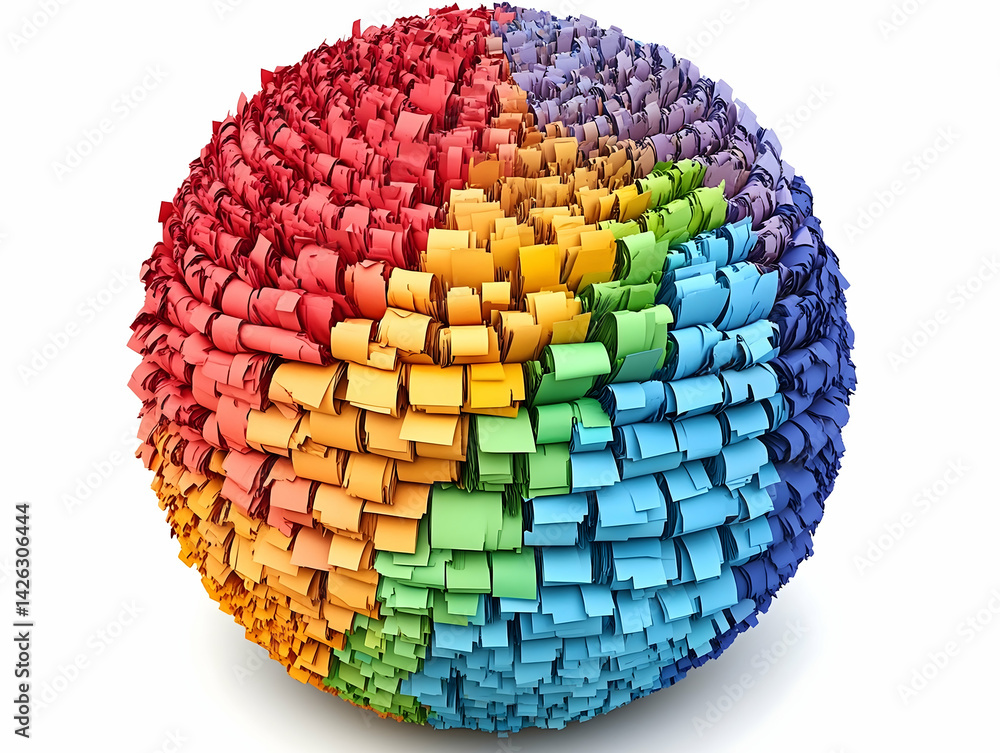 Aufkleber a spherical shape covered in rolled paper arranged in a rainbow spectrum on white background