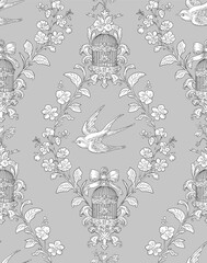 Swallow Bird and Floral Seamless Pattern: Elegant Vector Illustration for Fabrics, Wallpapers, and Packaging Design