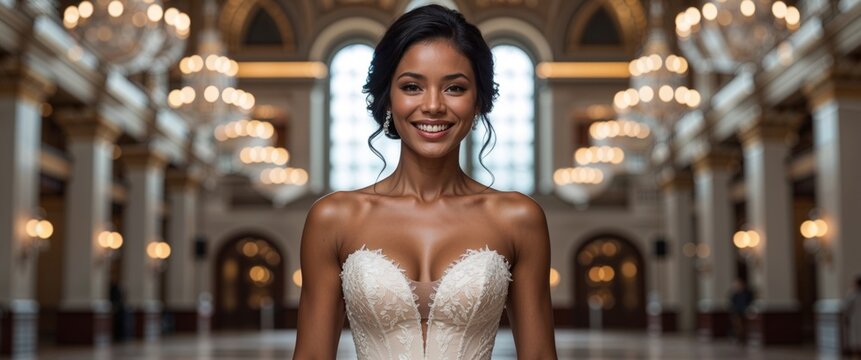 A bride wearing a beautiful dress stands in a grand hall.