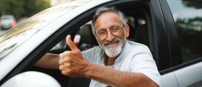 Handsome elderly man gives a thumbs up from his car's driving seat window.