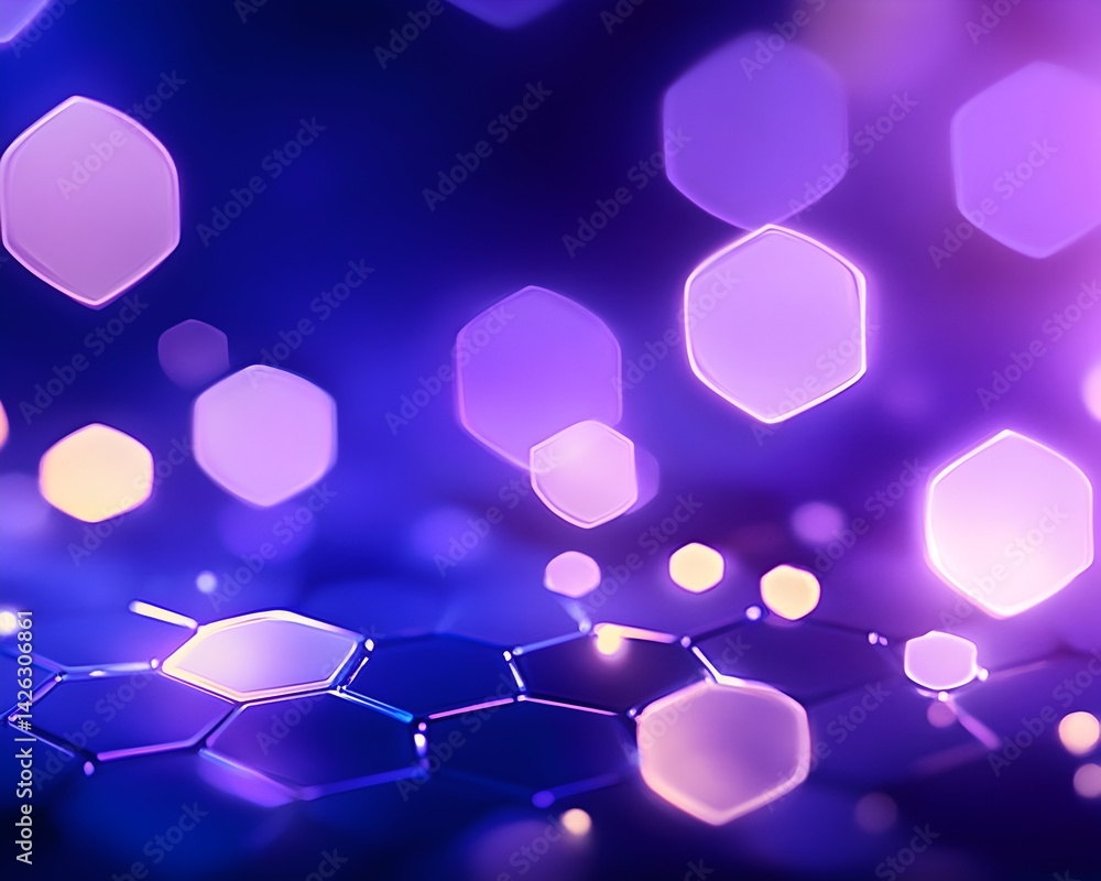 Poster abstract hexagonal pattern with glowing purple and blue bokeh lights