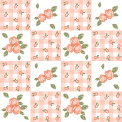 Vector pattern of fabric, wallpaper, wrapping paper, mats and bed sheets. Continuous and repeatable. Cute style. Designed with roses, alternating with plaid.
