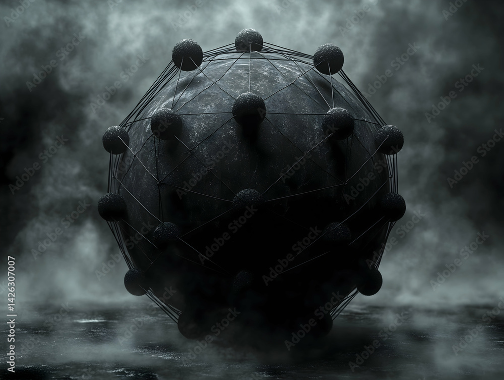 Aufkleber abstract dark sphere connected with lines and small dark spheres dark foggy background in a dark moo