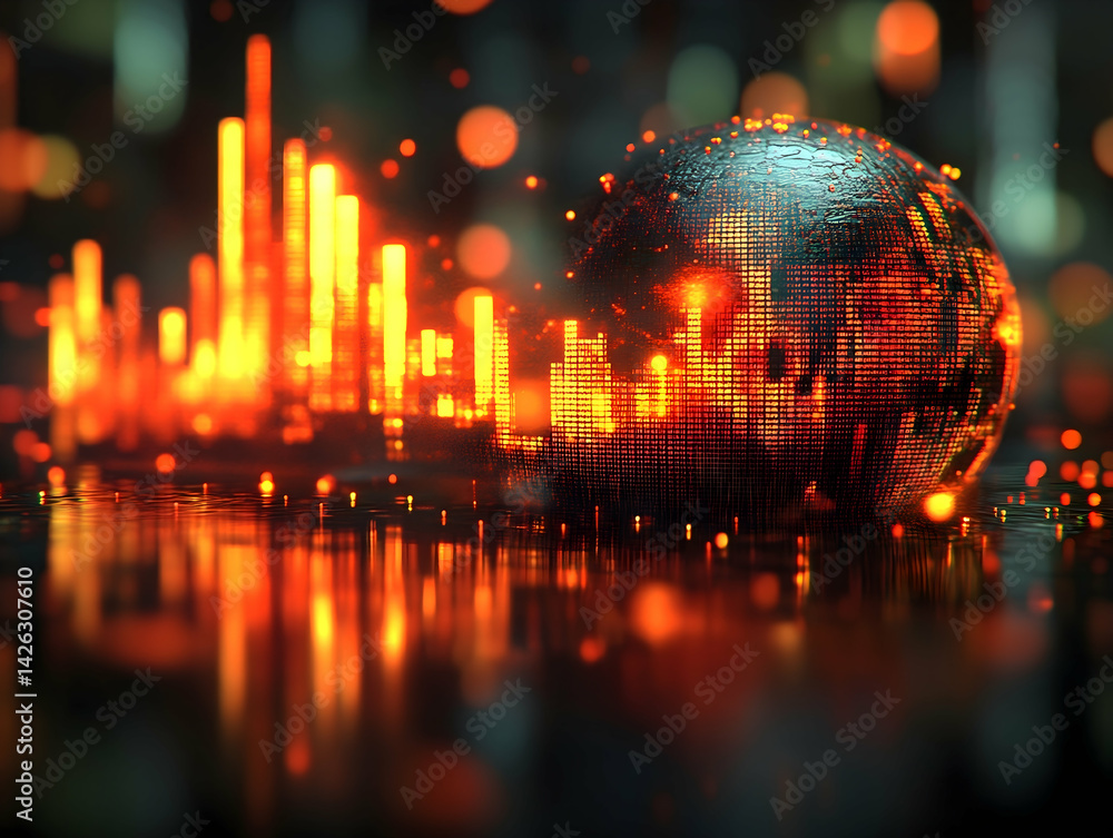 Aufkleber an abstract depiction featuring a textured sphere and illuminated bars in warm hues on a dark surfac