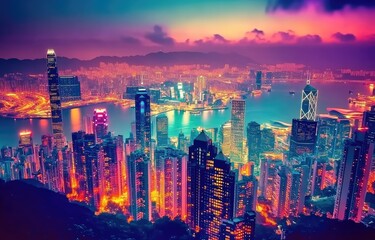 Obraz premium Vibrant cityscape at twilight, illuminated skyscrapers, harbor views, mountains in background