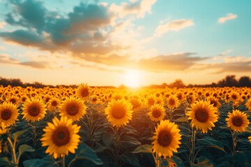 Obraz premium Sunflowers bloom under a golden sunset in a vibrant field during the evening hours