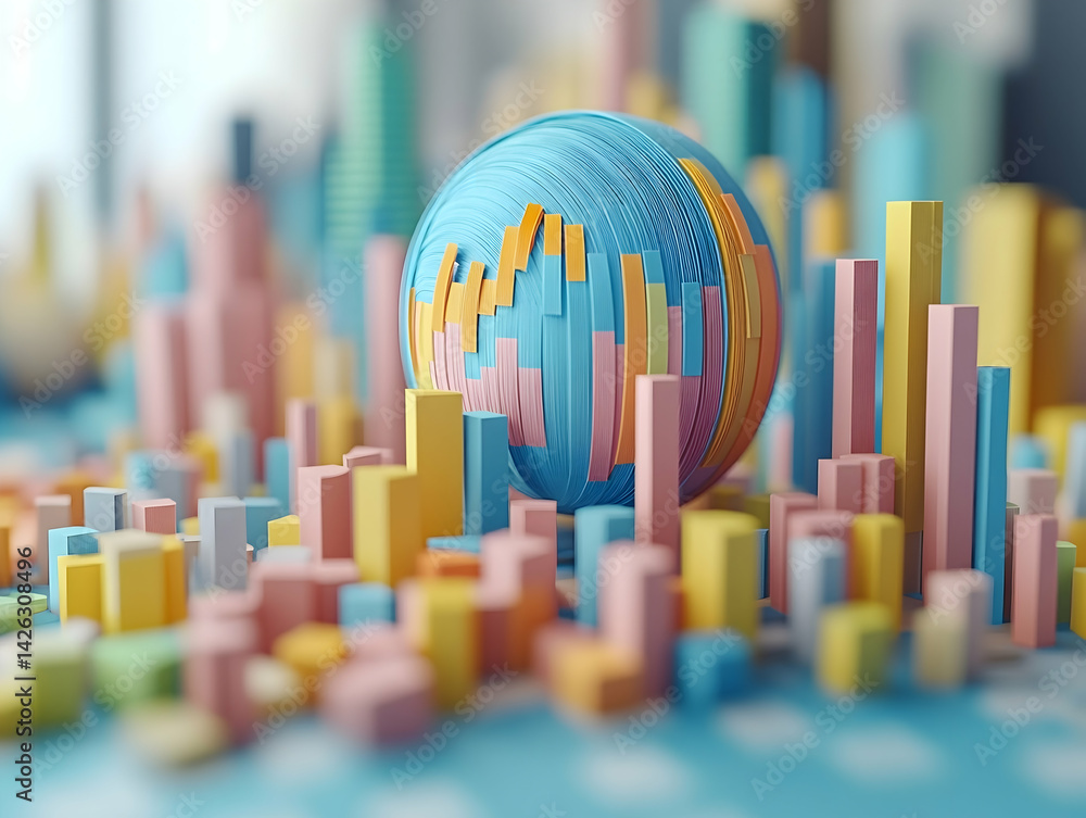 Poster colorful blocks form a cityscape with a detailed blue and orange spherical object in the background