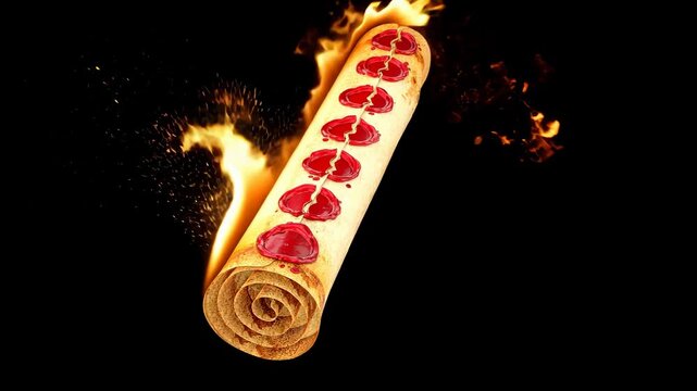 Seven Seals scroll with fire flames effects Prophecies Revelation End of Time Second Coming of Jesus 4K