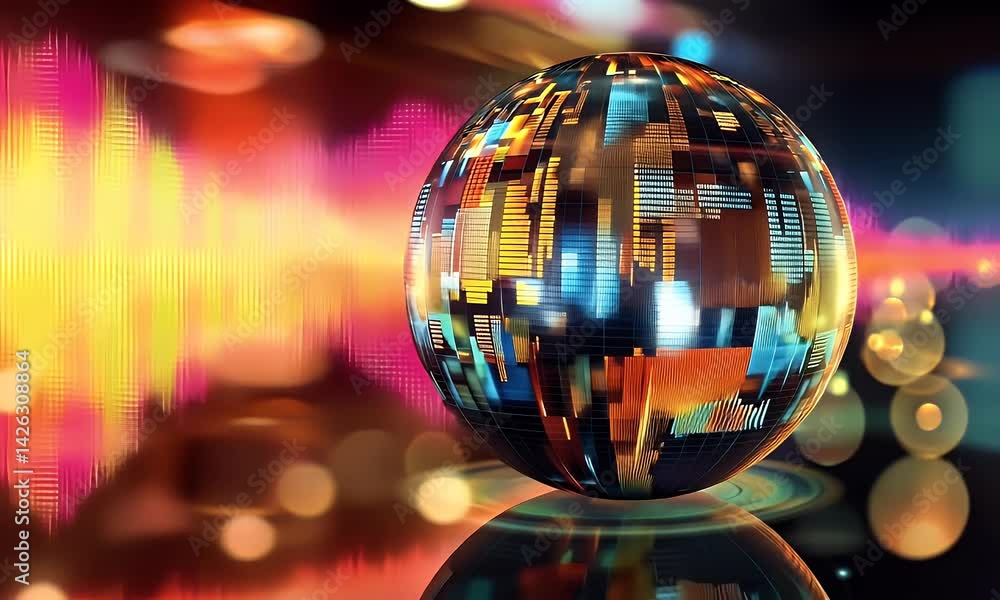 Poster a glowing glass sphere with digital sound waves emanating from it, surrounded by stock market charts