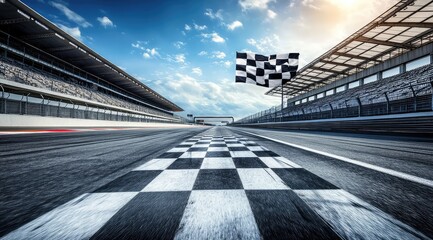 Race track finish line, checkered flag waving under a sunny sky. Grandstands flank the asphalt