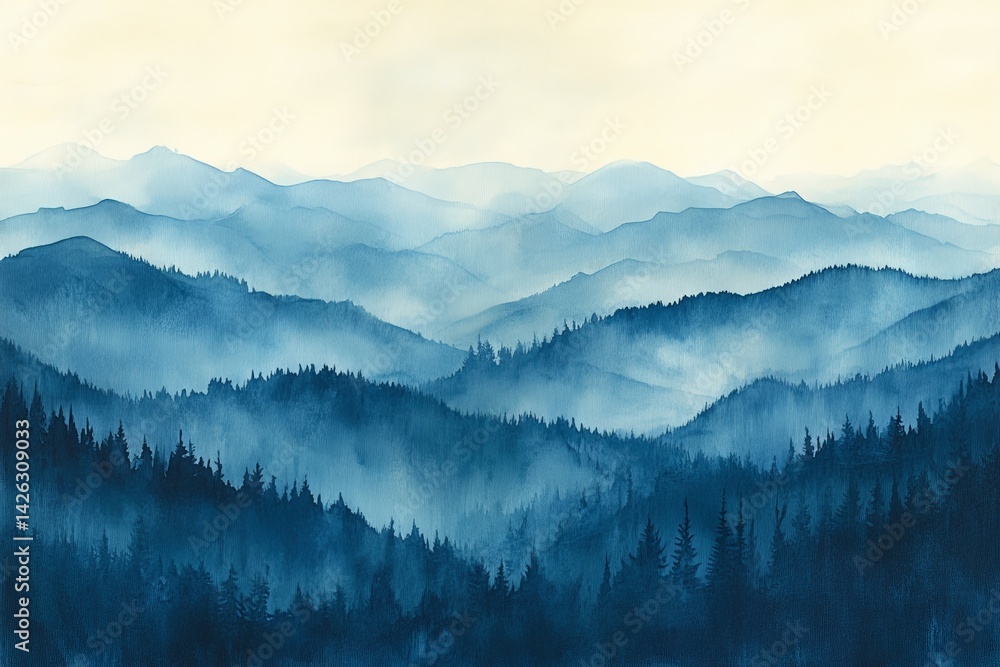 Poster blue mountain range enveloped in mist at dawn with forested valleys and soft sky hues