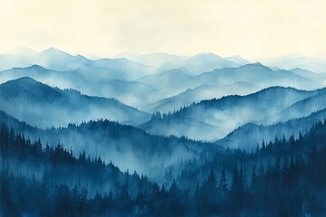 Blue mountain range enveloped in mist at dawn with forested valleys and soft sky hues
