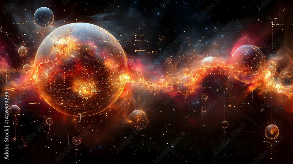 Poster fiery cosmic network of glowing spheres and interconnected lines against a backdrop of stars and neb
