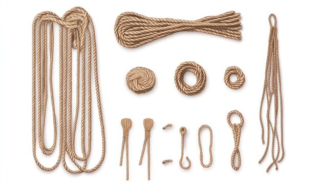 Assorted jute rope pieces; coils, lengths & various knots. Ideal for crafting or DIY projects