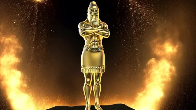 A golden statue dream of an ancient empire king with fire effects Biblical Prophecies World Empires 4K