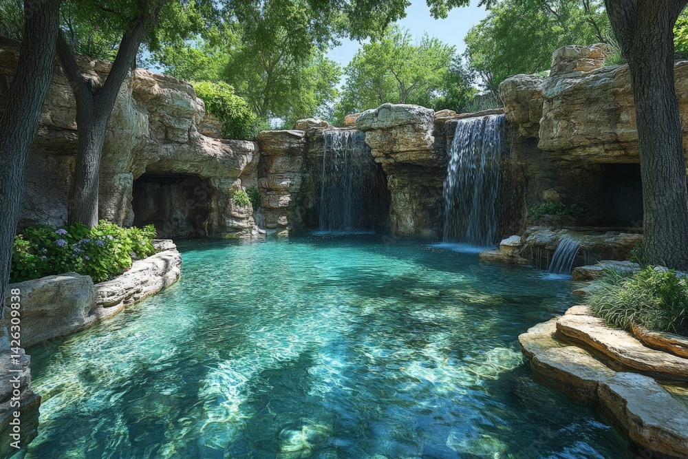 Poster waterfalls cascade into a serene turquoise pool surrounded by lush greenery in a tranquil outdoor se