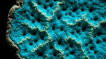  Detailed close-up of a textured coral surface in vibrant turquoise with contrasting light beige ridges and porous holes, set against a dark background.