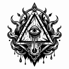 Mystical All Seeing Eye within Triangle Surrounded by Flames and Drips in Black and White Illustration
