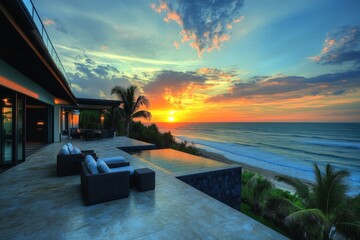 Sunset over serene ocean waves from a stylish terrace with comfortable seating