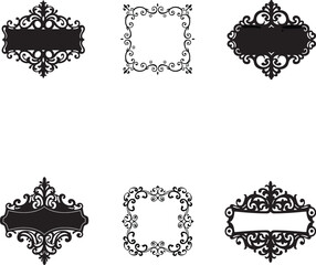 Ornate baroque frames, black and white silhouettes, decorative scrollwork, vintage label designs