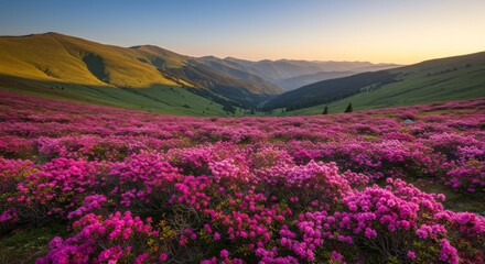 Obraz premium Rhododendron Bloom in Mountain Valley at Sunrise - Serene mountain valley awash in vibrant rhododendron blossoms at sunrise. Symbolizing tranquility, beauty, renewal, abundance, and nature's artistry