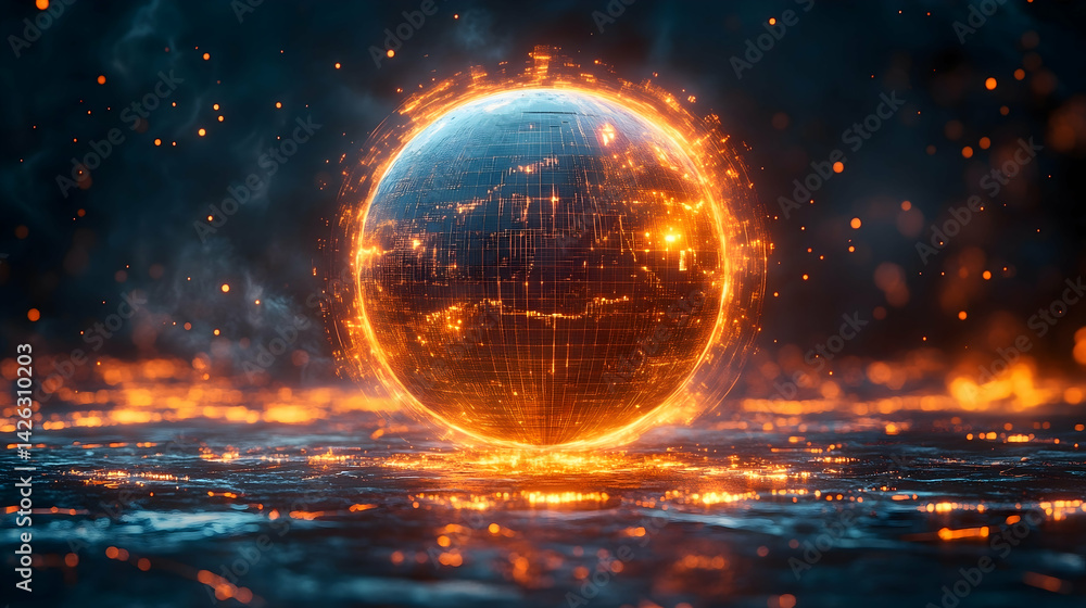 Aufkleber glowing sphere with grid-like patterns hovers above reflective surface emitting light