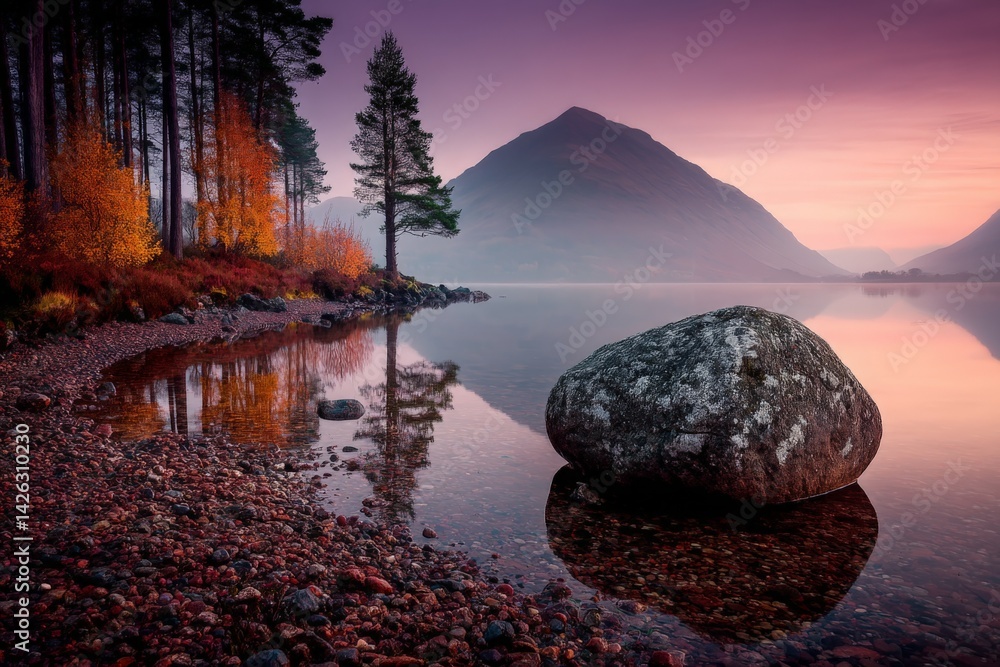 Poster serene lake at dawn surrounded by trees and mountains reflecting calm waters in autumn colors