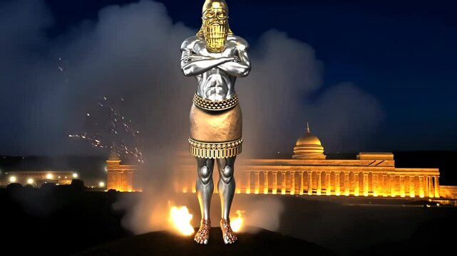 A statue made of various metals dream of an ancient empire king with a modern building in the background Biblical Prophecies World Empires 4K