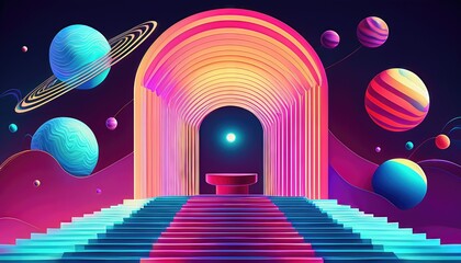 Vibrant YKinspired staircase, surreal psychedelic portal and column, bathed in neon hues A mindbending journey into the future of design.