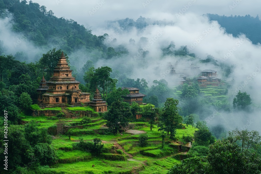 Poster ancient temples surrounded by lush greenery and mist in a mountainous region during early morning ho