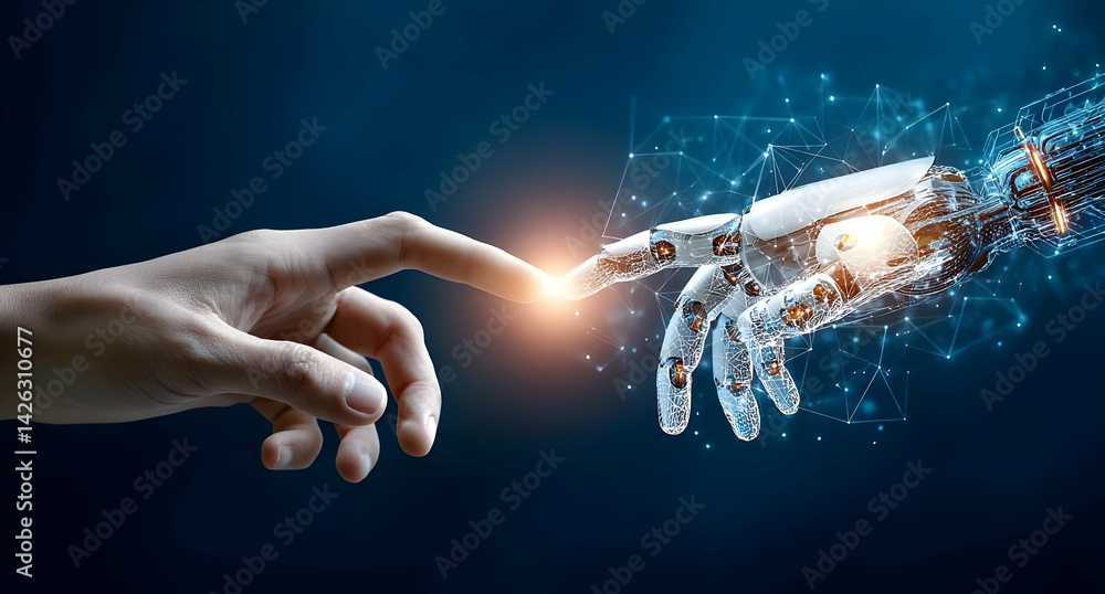 Poster a captivating image depicting the connection between human and artificial intelligence through an ou