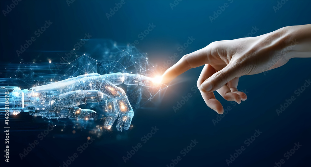 Poster a close-up representation of a human hand reaching towards a robotic hand, symbolizing the connectio
