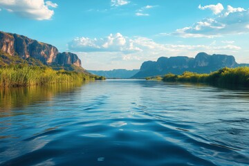 Naklejka premium Scenic river flowing through lush landscape under a clear blue sky and mountain backdrop during daytime