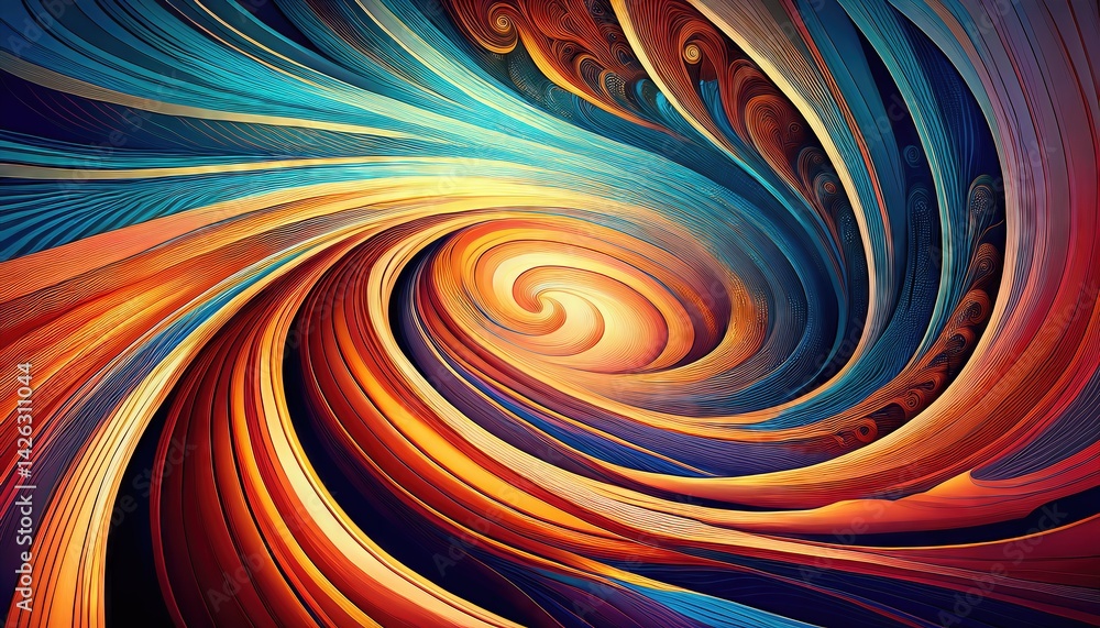 Poster swirling abstract forms in a vibrant red sky, creating a mesmerizing whirlpool of energy and movemen