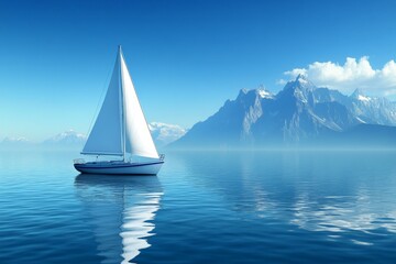 Fototapeta premium Sailboat gliding through tranquil waters against a backdrop of majestic mountains and clear skies