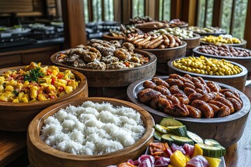 Obraz premium Abundant buffet spread with various cooked meats, vegetables, and rice in rustic wooden bowls