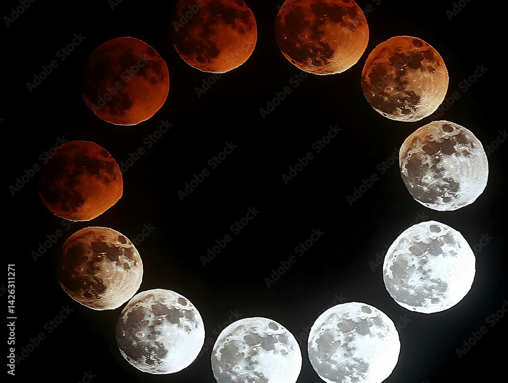 Poster lunar eclipse sequence showing phases from red to bright white against black backdrop