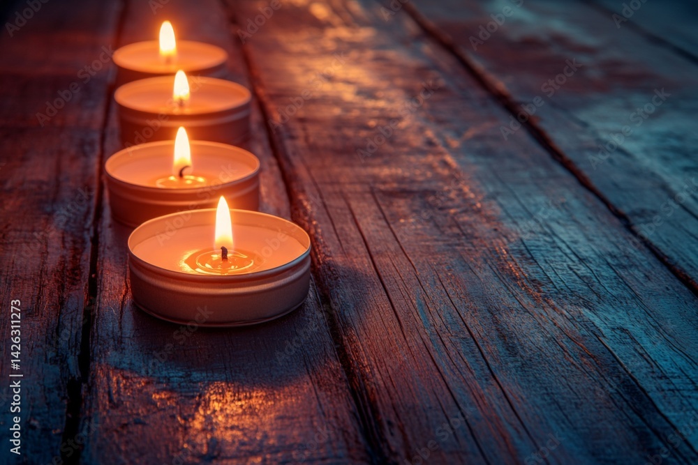 Poster Soft candlelight glows on wooden surface creating a peaceful ambiance in a cozy setting
